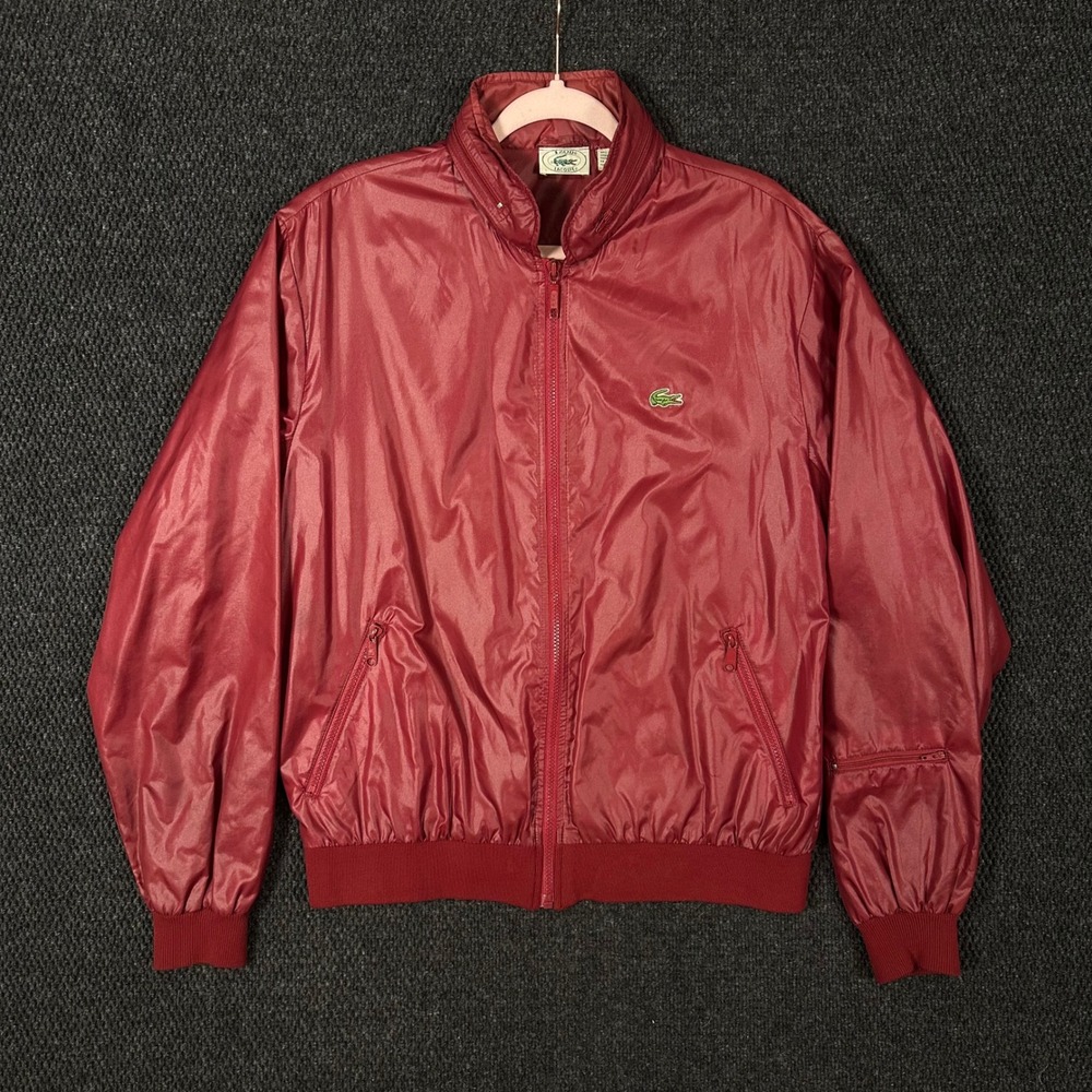 Vintage Izod Lacoste Windbreaker Jacket Mens Large Red Nylon Cire Hidden Hood